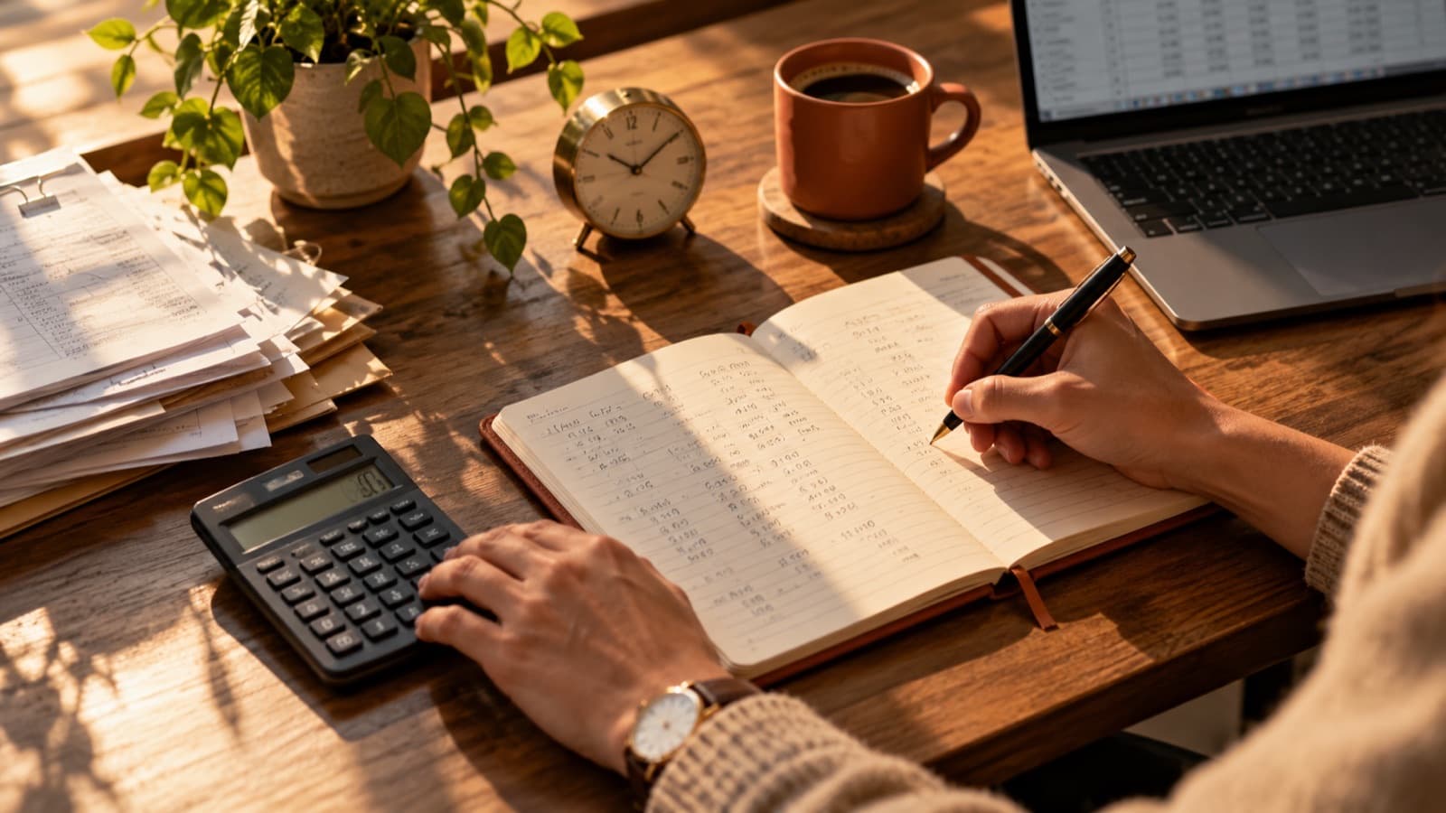 Manos haciendo cuentas en un cuaderno junto a una calculadora, papeles y un reloj sobre un escritorio de madera con luz cálida.